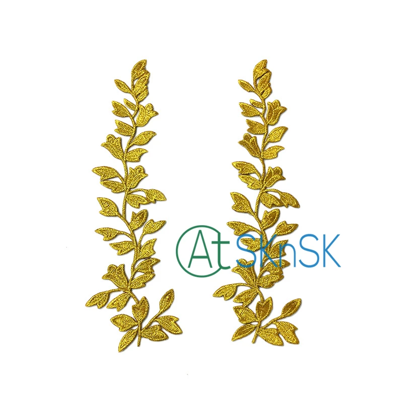 1Pcs/lot Gold Color Embroidered Cloth Patch 23cm Length Leaf DIY Sew-on Embroidery Sticker Applique Handmade Sewing Decoration | Дом и сад