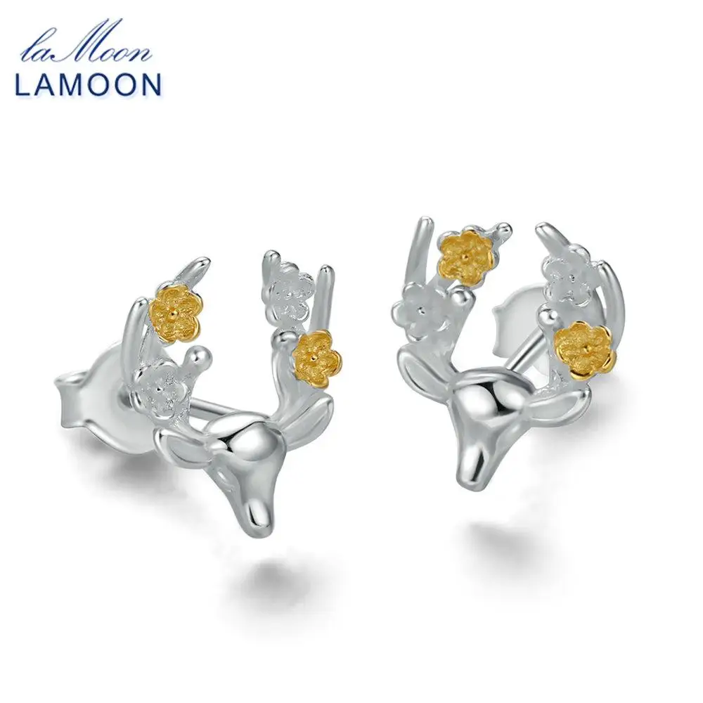 LAMOON S925 Stud Earrings Exquisite Plum Antlers 925 Sterling Silver Gold &amp Two Colors Trendy Fine Jewerly For Women 2018 | Украшения и
