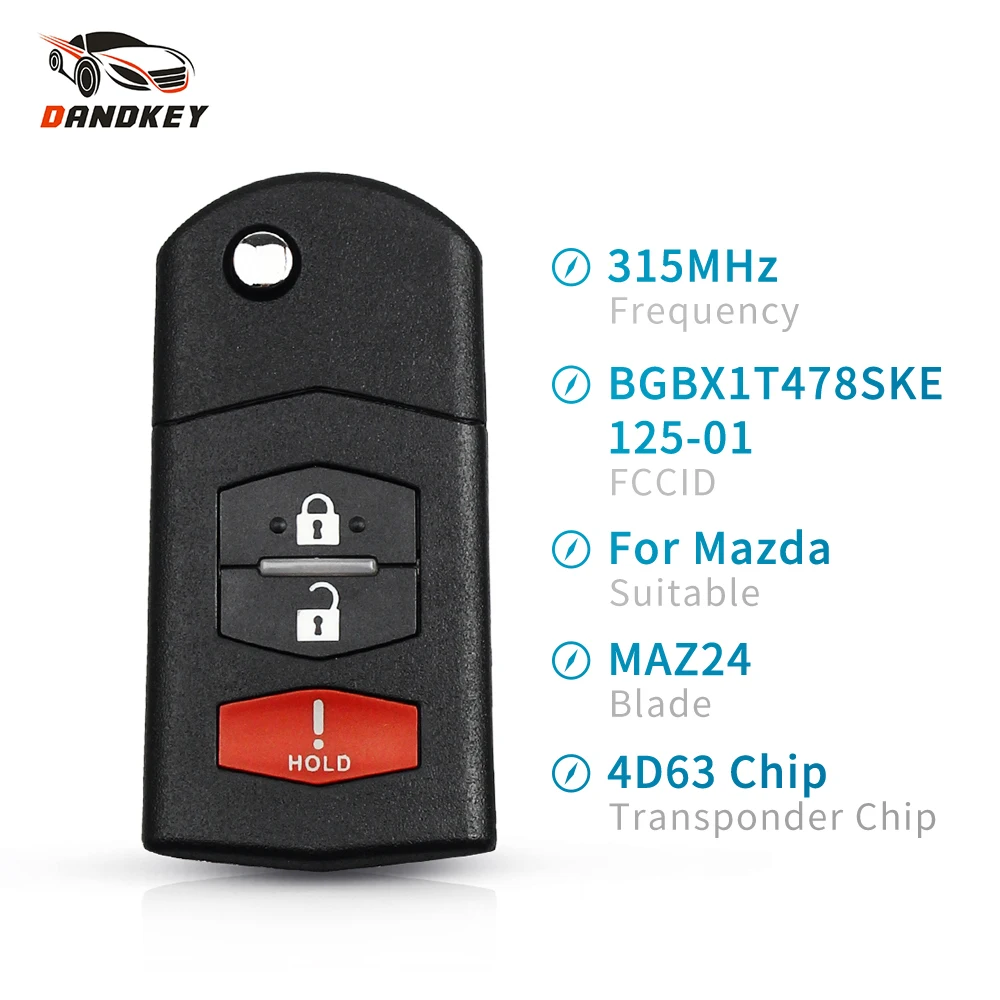 

Dandkey 433MHz Filp Key Keyless Entry Remote Control Key Fob Transponder 4D63 Chip For Mazda 3 5 6 CX-7 CX-9 BGBX1T478SKE125-01