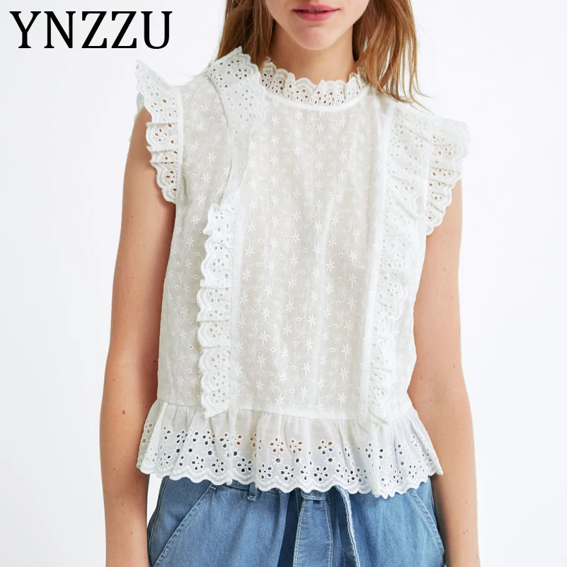 

YNZZU Elegant Cotton Lace White Blouse Women 2019 Summer Ruffles Hollow Sweet Sleeveless Shirt Female Women Tops blusas AT246