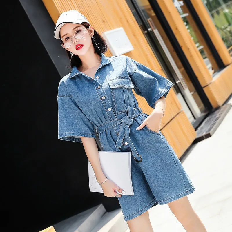 

Women Short Sleeve Jeans Rompers Female Casual Denim Short Jumpsuit Playsuit With Belt Overall