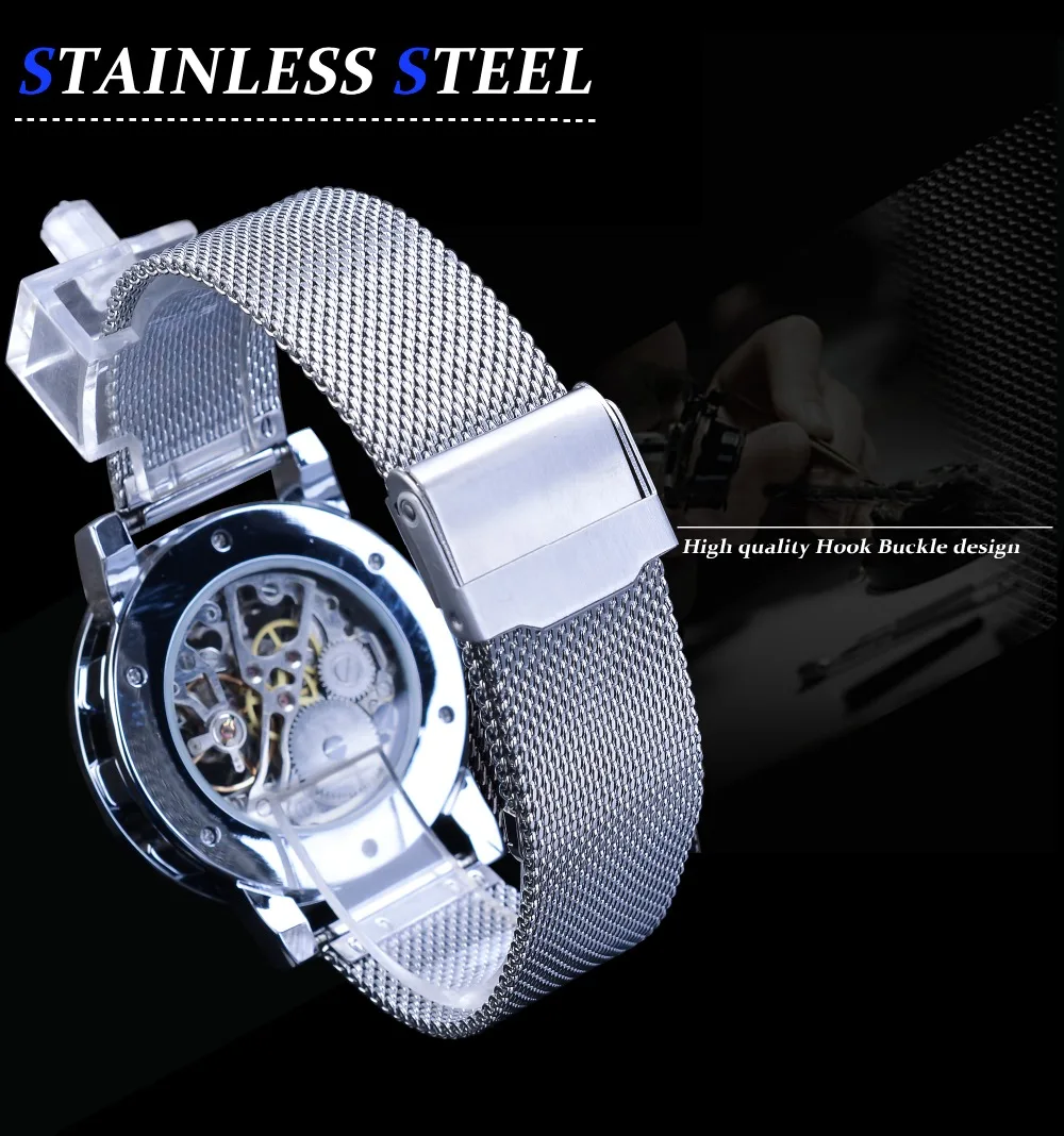 Winner Мужские механические часы с серебряным кристаллом и стальным ремешком, автоматические часы, Роскошные наручные часы, деловые спортивные часы