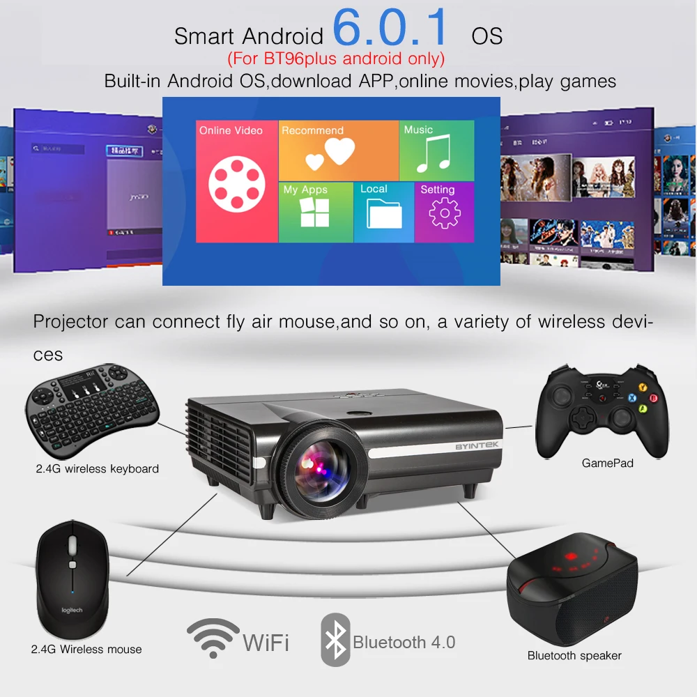 BYINTEK MOON BT96Plus Android Wifi Smart Video LED Projector Proyector For Home Theater Full HD 1080P Phone Hologram HDMI lAsEr