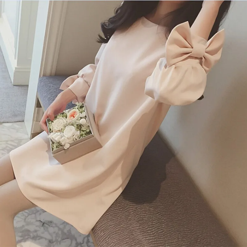 

Women Casual Dress The Neck Flounced Dresses Autumn Mini Dresses Solid Color