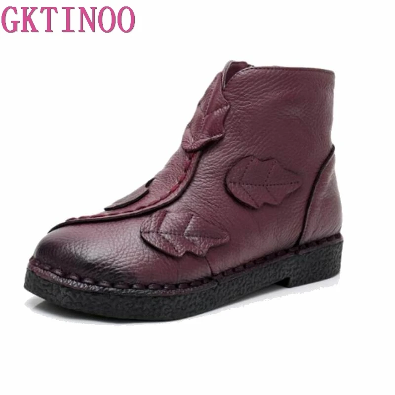 

GKTINOO 2018 Fashion Handmade Boots For Women Genuine Leather Ankle Shoes Vintage Winter Women Shoes Plus Velvet Martin Boots