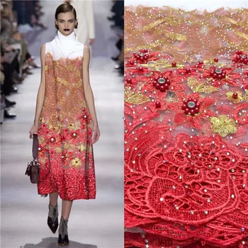 

High class embroidery French net lace fabric amazing tulle lace cloth with stones and beads for evening dress JNZ323(5yards/lot)