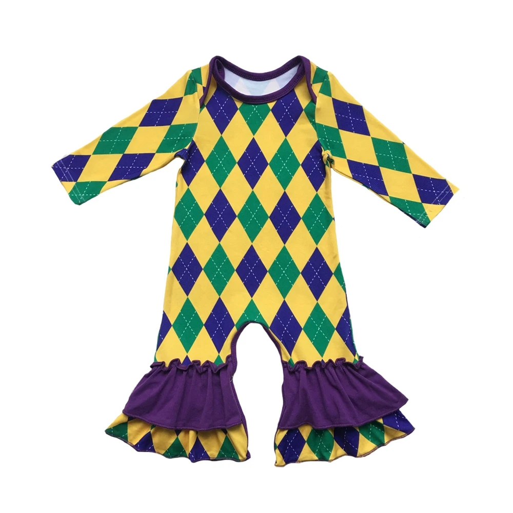 Фиолетовый, зеленый, золотой цвет Пользовательские печати Одежда для младенцев шелк молочный комбинезон детские пижамы для Нового Орлеана Mardi Gras праздник