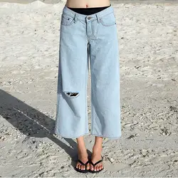 Женская случайные свободные большой размер широкую ногу брюки crop леди отверстие разорвал джинсы Капри голубой девятый брюки