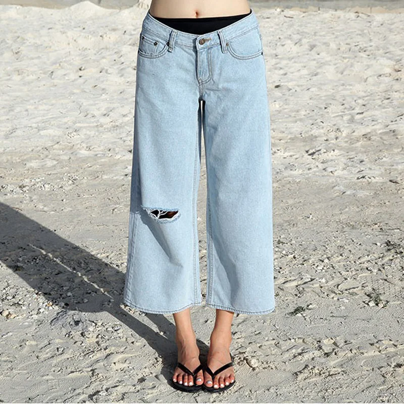 Ripped Jeans Capris Promotion-Shop For Promotional Ripped Jeans Women's casual loose large size wide leg crop pants Lady's hole ripped jeans Capri Light blue ninth pants - Ripped Jeans Capris Promotion-Shop For Promotional Ripped Jeans