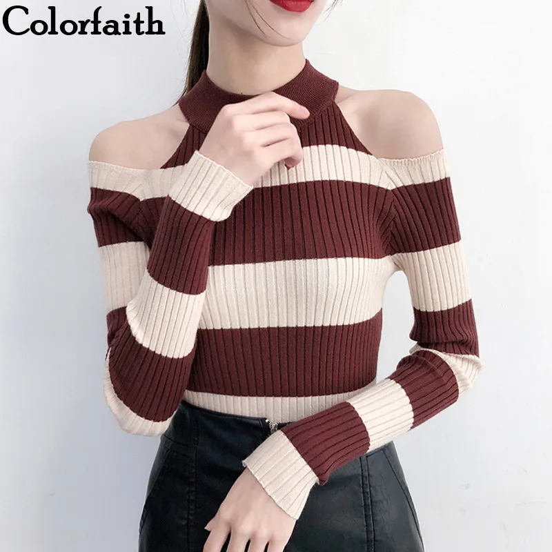 

Colorfaith Women Pullovers Sweater 2019 Knitted Autumn Spring Striped Bottoming Knitwear Off Shoulder Elegant Ladies Tops SW367