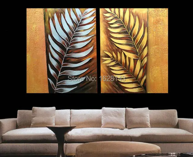New Arrival 2 Pieces Textured Hand Painted Modern Oil Painting Gold New Arrival 2 Pieces Textured Hand Painted Modern Oil Painting Gold Silver Palm Leaf Art On
