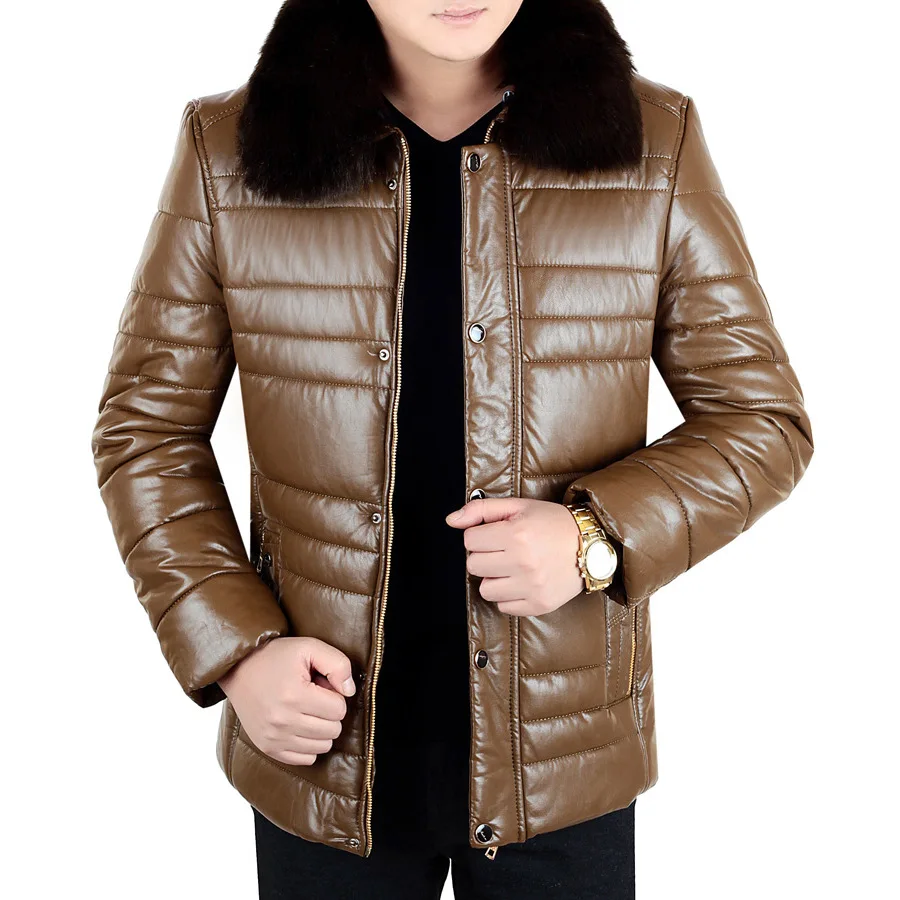 Casual Solid Fur Collar Leather Jacket Mens Coat Warm 2017 Winter