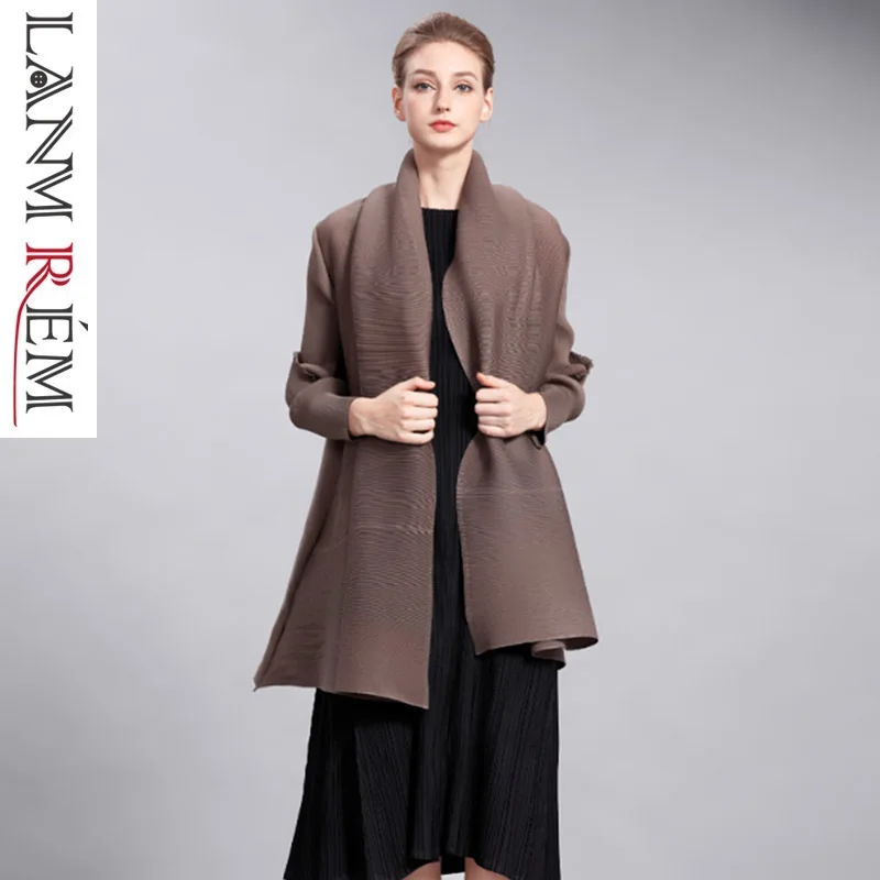 LANMREM 2019 Новая мода плиссированные пальто костюмы женский с длинным рукавом лацканами повязки талии Свободные Лоскутная куртка Vestido YF553
