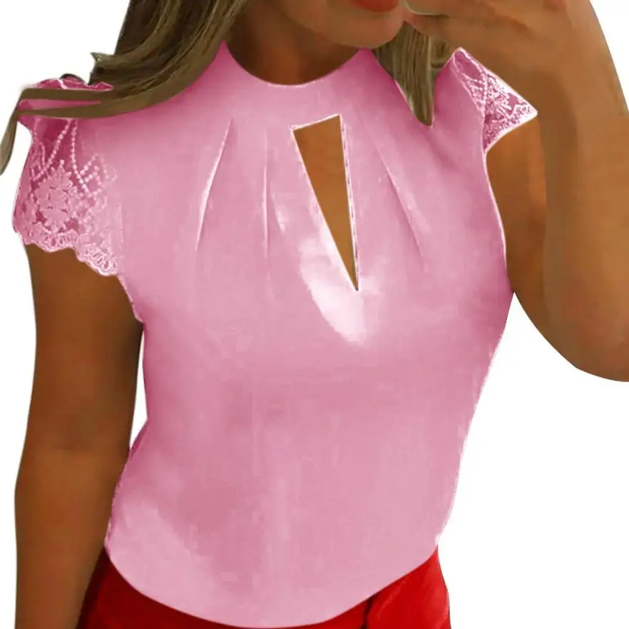 FEITONG элегантная Кружевная блуза, женская шифоновая блузка с коротким рукавом, блузка с отложным воротником, рубашки, открытая Повседневная белая блузка, топы - Цвет: Pink