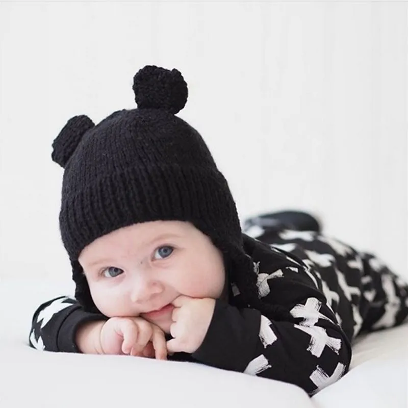 1 шт., милая детская шляпа шапки с ушками, детская теплая вязаная крючком зимняя шапка для маленьких детей, шерстяная вязаная шапочка-бини с помпонами, BB0164