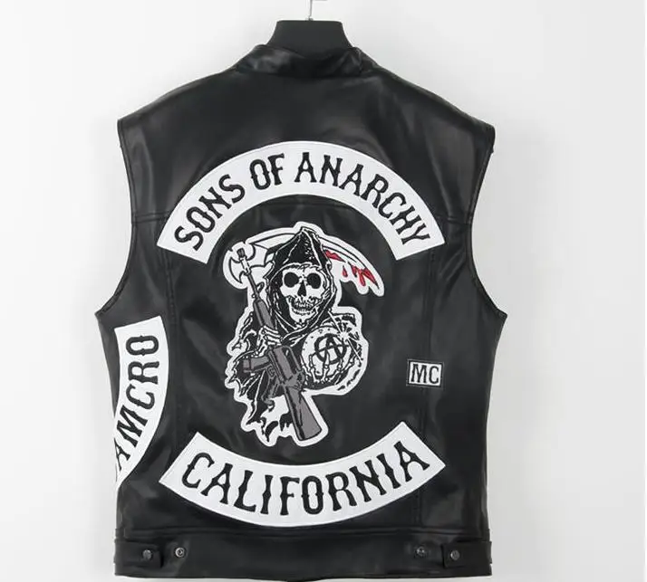 Сыны анархия вышивка кожа Рок Панк-жилет косплей костюм черный цвет мотоциклетная куртка без рукавов