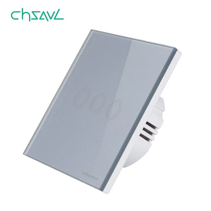 CHSAVL настенный сенсорный выключатель 3 комплекта 1 способ ЕС стандартный переключатель, AC 110-220 В светильник сенсорный выключатель, закаленное стекло кристалл панель - Цвет: CH-TS-03 Gray