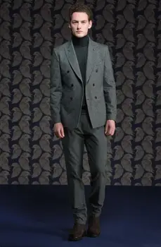 Tanie 2018 Nowy Palenia Szary Tweed Mężczyźni Garnitur Podwójne Piersi Tuxedo Slim Fit 2 Sztuka Pan Młody Blazer Garnitury ślubne Masculino Kurtka + Spodnie