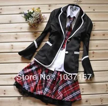 Free Shipping Japanese School Girl Uniform Cosplay Costume Black and White Red Tartan Skirt Surcoat