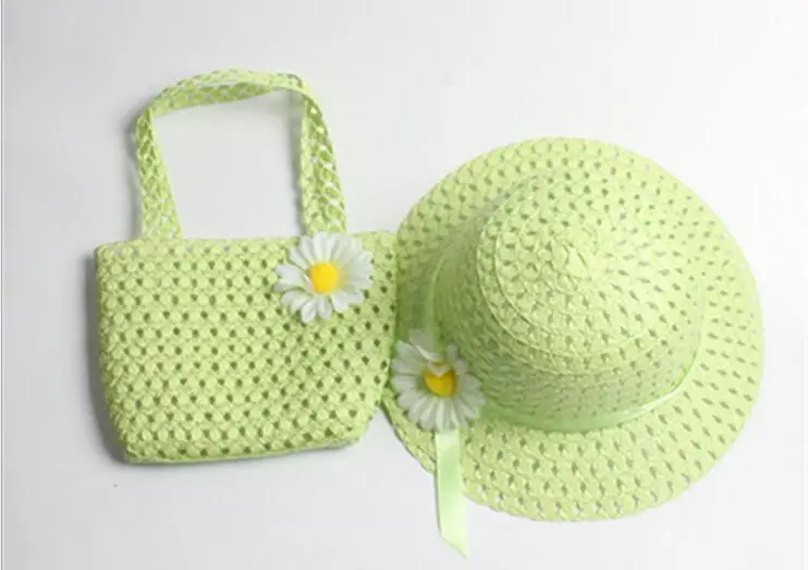 1 шт. Лидер продаж летом девушка цветы Защита от Солнца шляпа с цветами для девочек шелк бутона костюм Детская сумка и шляпа 9 Цвета - Цвет: green hat and bag