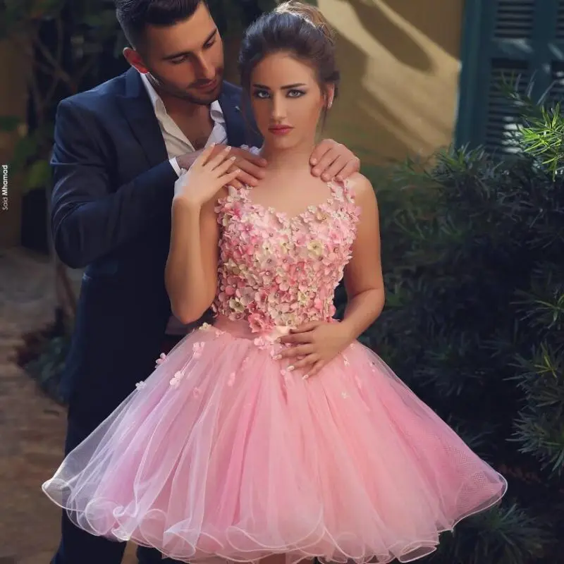 Said Mhamad Короткие коктейльные платья сексуальные мини-платья с открытой спиной Выпускные платья Розовые тюлевые бусины в форме цветов ТРАПЕЦИЕВИДНОЕ платье для выпускного вечера - Цвет: Бежевый