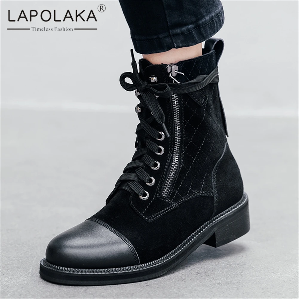 

Lapolaka New Arrivals Genuine Cow Leather Autumn Boots Woman Shoes Chunky Heels Zipper Leisure Black Shoes Woman Boots Female