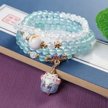 Корейские модные милые Манеки Неко Натуральный Синий Халцедон камень браслет Будды мусика Blingbling браслет дружбы подарочный