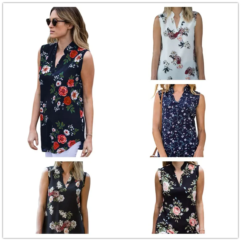

Fashion Vintage Floral Print Blouse Shirt 2019 Summer Sleeveless Chiffon Blouse Sexy V Neck Women Shirts Casual Loose Chemise
