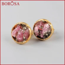 Серьги-гвоздики borosa золотистого цвета, круглый природный красный турмалин и Пирит, модные серьги-гвоздики Drusy, стиль, серьги-гвоздики G1247