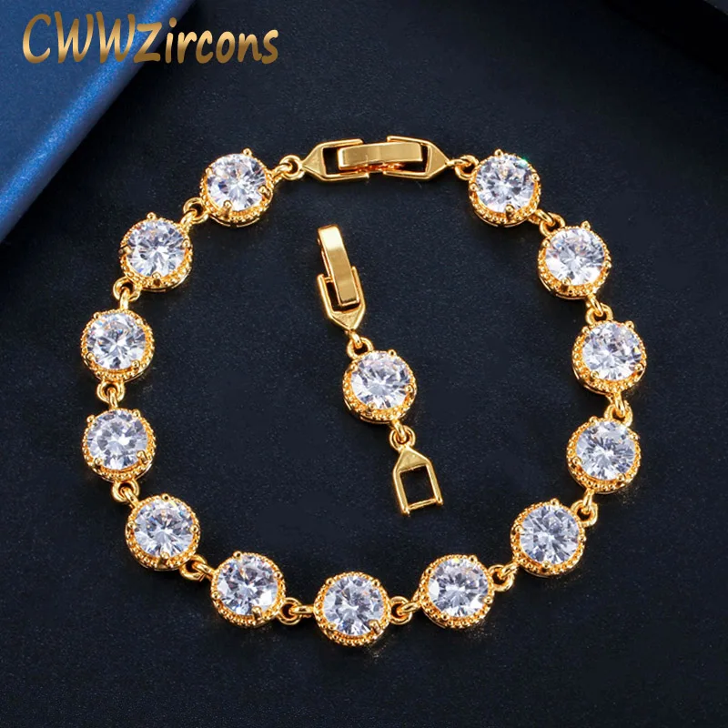 

CWWZircons Gorgeous Round Cubic Zirconia Stone Yellow Gold Color Tennis Bracelet for Women Wedding Bride Party Jewelry CB197