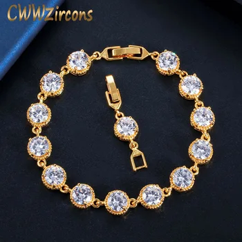 

CWWZircons Gorgeous Round Cubic Zirconia Stone Yellow Gold Color Tennis Bracelet for Women Wedding Bride Party Jewelry CB197