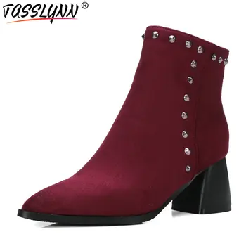 

TASSLYNN 2018 Women Boots Zipper Shot Plush Autumn Shoes Square High Heels Ankle Boots Pointed Toe Weatern Party Shoes Size 43