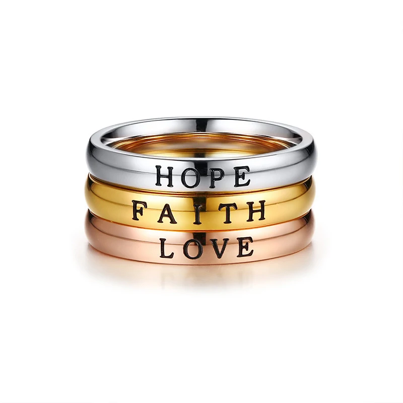 Женское кольцо HOPE/LOVE/FAITH SIZZZ 3 мм ширина лица цвета нержавеющая сталь|Кольца| |