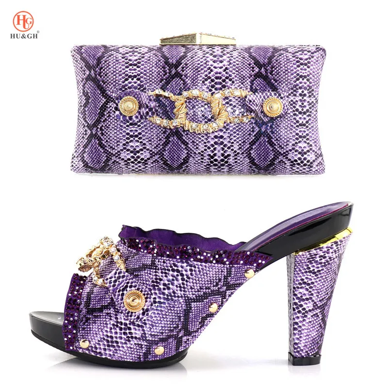 

New Arrival Purple Color Italy Shoe and Bag Set Decorated with Rhinestone African Women Wedding Shoes with Bag Set Wedding Shoe