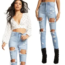 Women Ripped Jeans Elastic Destroyed Hole Pants Denim Ripped Jeans Casual High Waist Loose Pants Boyfriend Jeans Plus Size black broken hole high waist ripped jeans