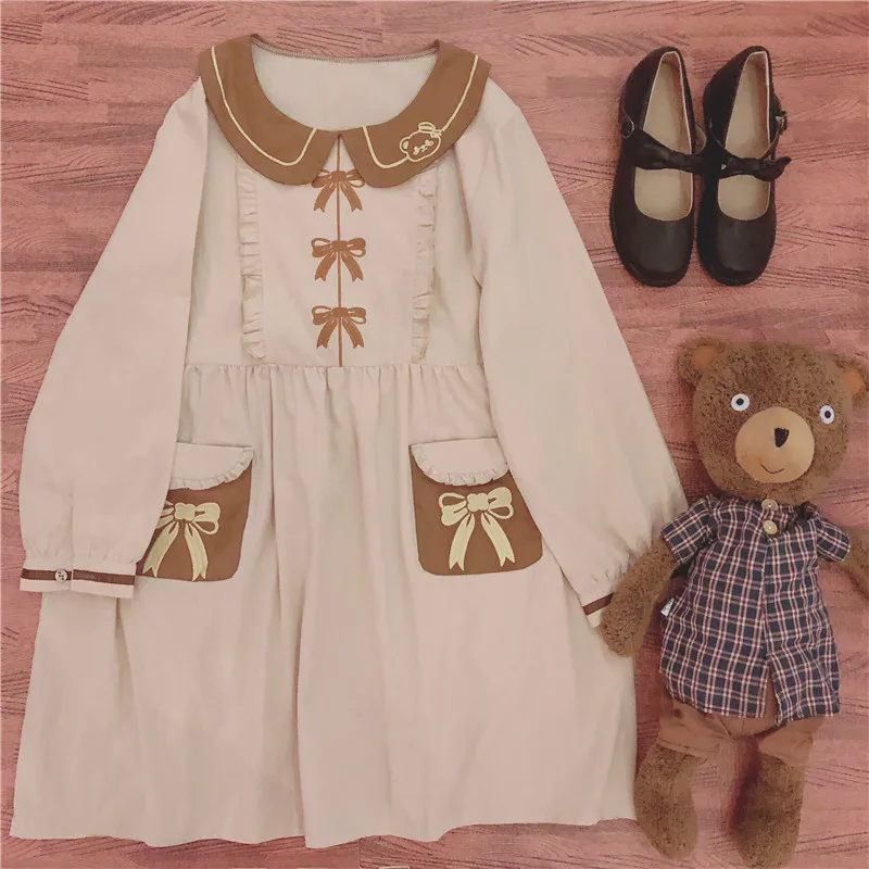 

Kawaii Dress Bow Embroidered Bear Peter Pan Collar Long Sleeve Loose Girl Retro Lolita Dress