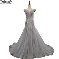 Mermaid Deep V Neck Off The Shoulder Beaded Sequins Luxury Court Trian Grey Tulle Real Made Sexy Evening Dress Pageant PromDress Mermaid Deep V Neck Off The Shoulder Beaded Sequins Luxury Court Trian Grey Tulle Real Made Sexy Evening Dress Pageant PromDress