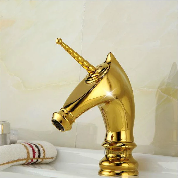 Смеситель для раковины, уникальная мода, для ванной комнаты, конский кран, золотой, латунный, на бортике, одинарная длинная ручка, смеситель для туалета, M-92
