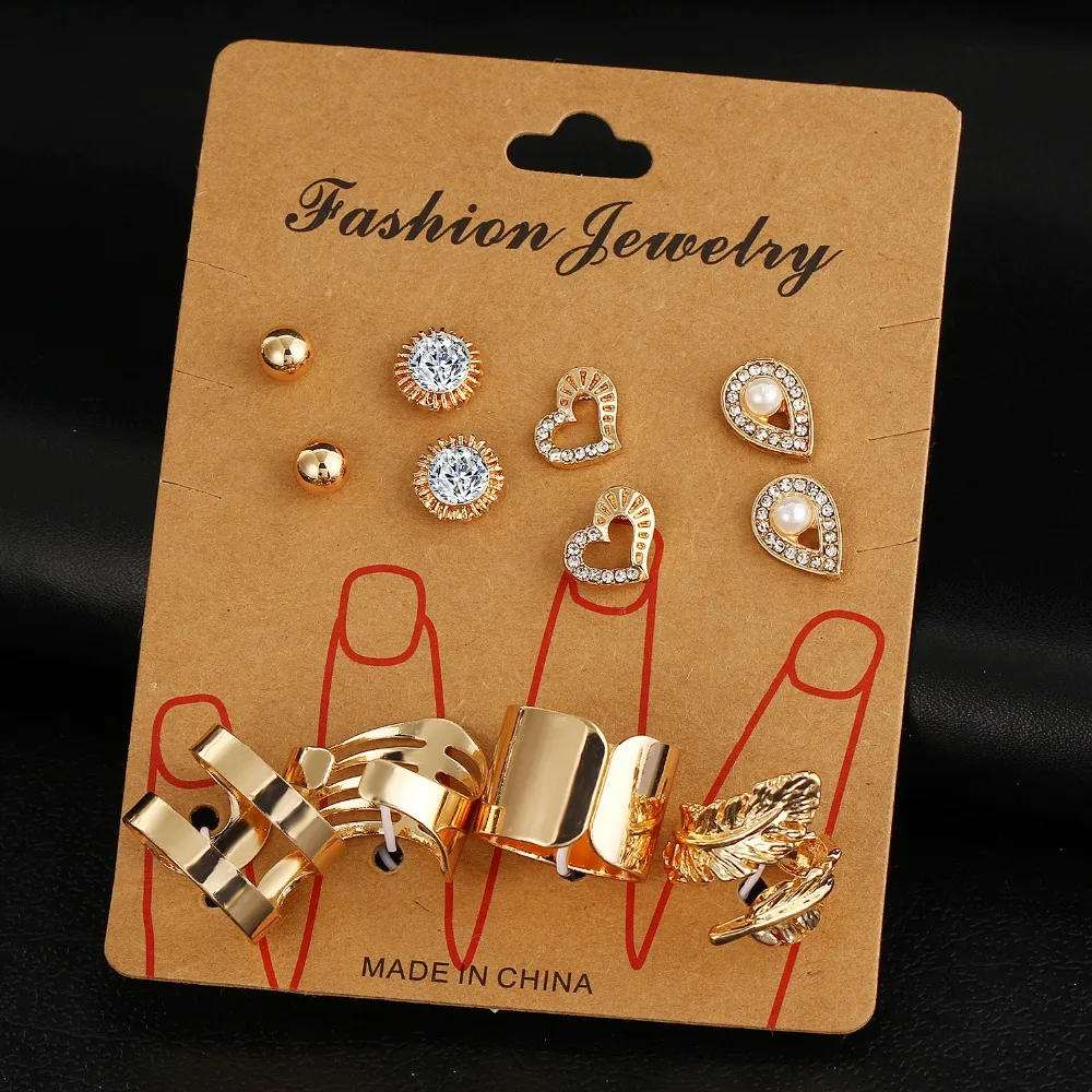

IF YOU Gold Color Silver Color Crystal Heart Imitation Pearl Stud Earrings Jewelry Set for Women Leaves Adjustable Ring Gift