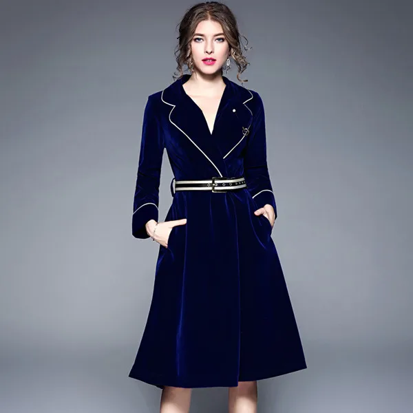 Бренд, зимняя куртка для подиума, женское роскошное бархатное платье, офисное женское платье с длинным рукавом, миди платье, брошь на пояс - Цвет: Тёмно-синий