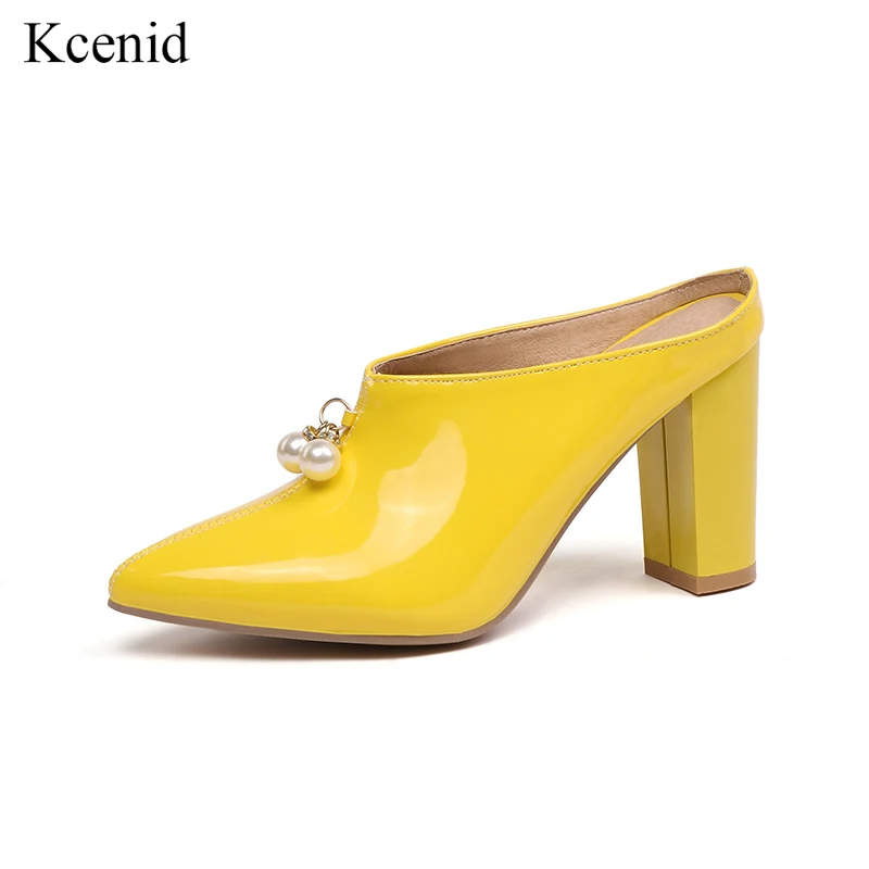 

Kcenid Yellow women shoes pumps fashion mules 2019 summer sexy pointed toe block high heels sweet pearls shoes big size 13 42 48