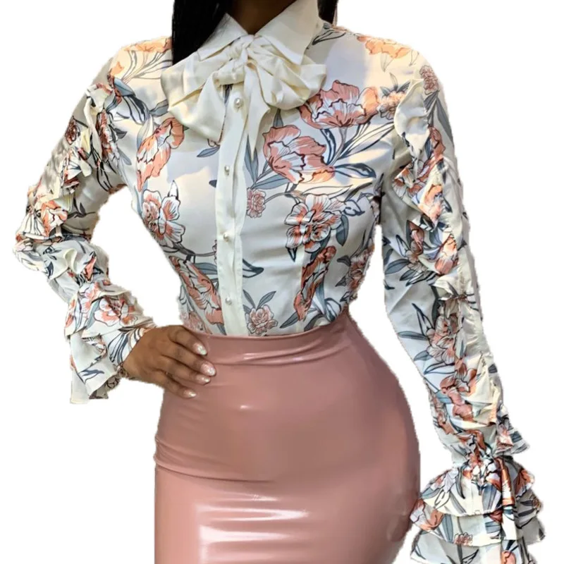 

Large Size Women's Blouse 2019 Spring New Lapel Wooden Ear Long Sleeve Printed Satin Shirt