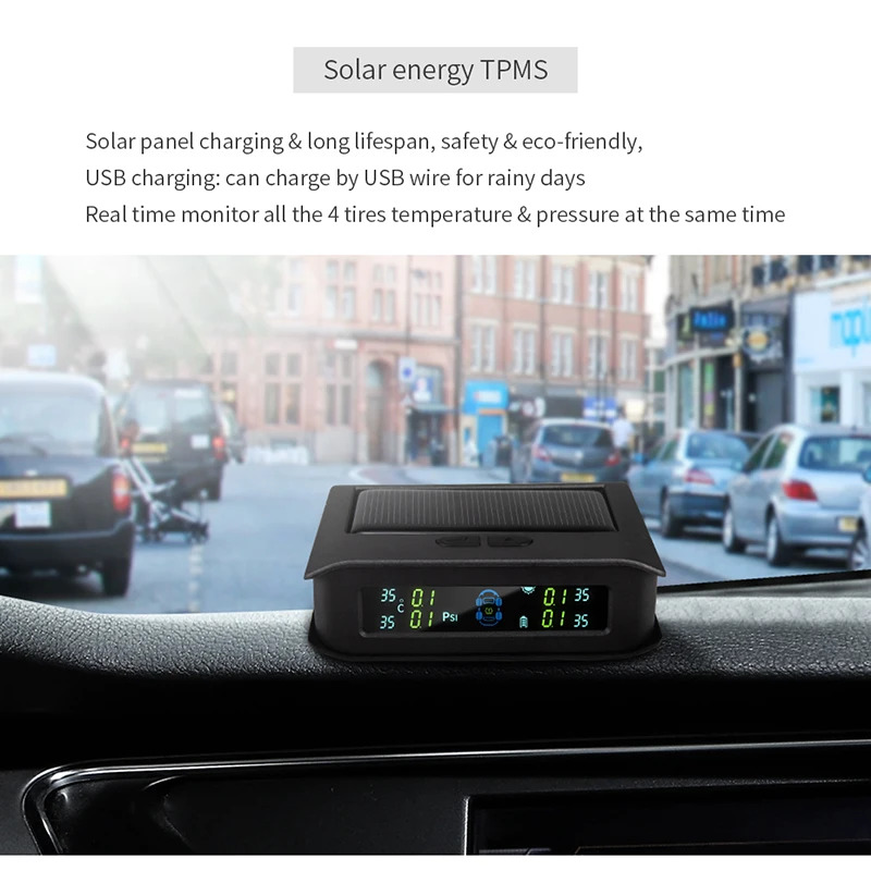 Easyguard Солнечная энергия перезаряжаемый автомобильный TPMS монитор давления в шинах с 4 внутренними датчиками поддержка PSI или BAR