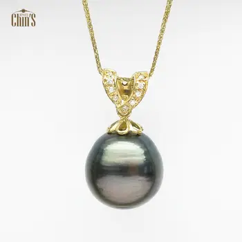 

14-14.5mm Natural Green Genuine Tahitian Sea Pearl Pendant 14k Solid Yellow Gold Free Shipping