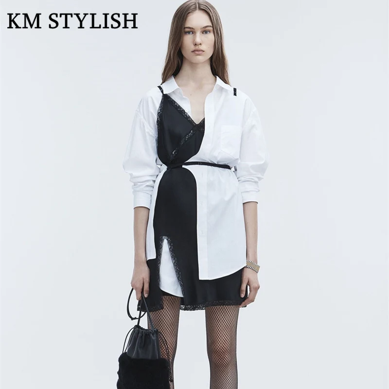 2018 Spring/Summer Design Belt Dress Layered Lace trimmed Satin Cotton