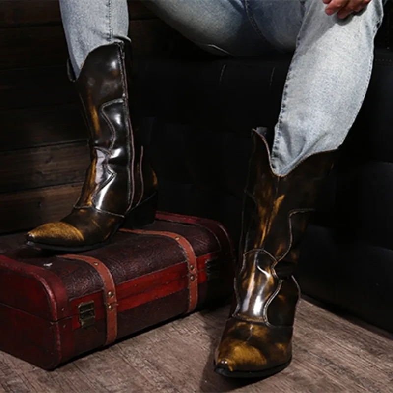 

Shoes Man Cowboy Black Brown Luxury Brand Italian Increase Dress Wedding Fashion Genuine Leather Pointed Toe Heighten Boots Man
