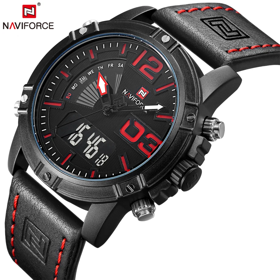 NAVIFORCE Top Brand Luxury Men Leather Military Sport Watches Men s Quartz Analog Led Digital Wristwatch