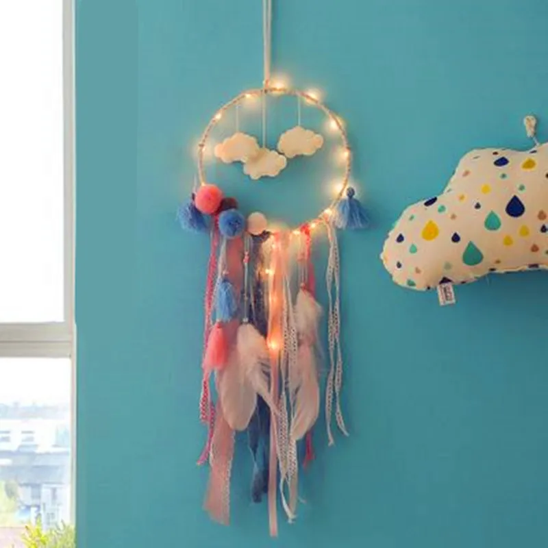 With LED Light Clouduolc Dream Catcher Natural Feathers Hangings Bedroom Wall Creative Valentine's Day Gift X309 | Дом и сад