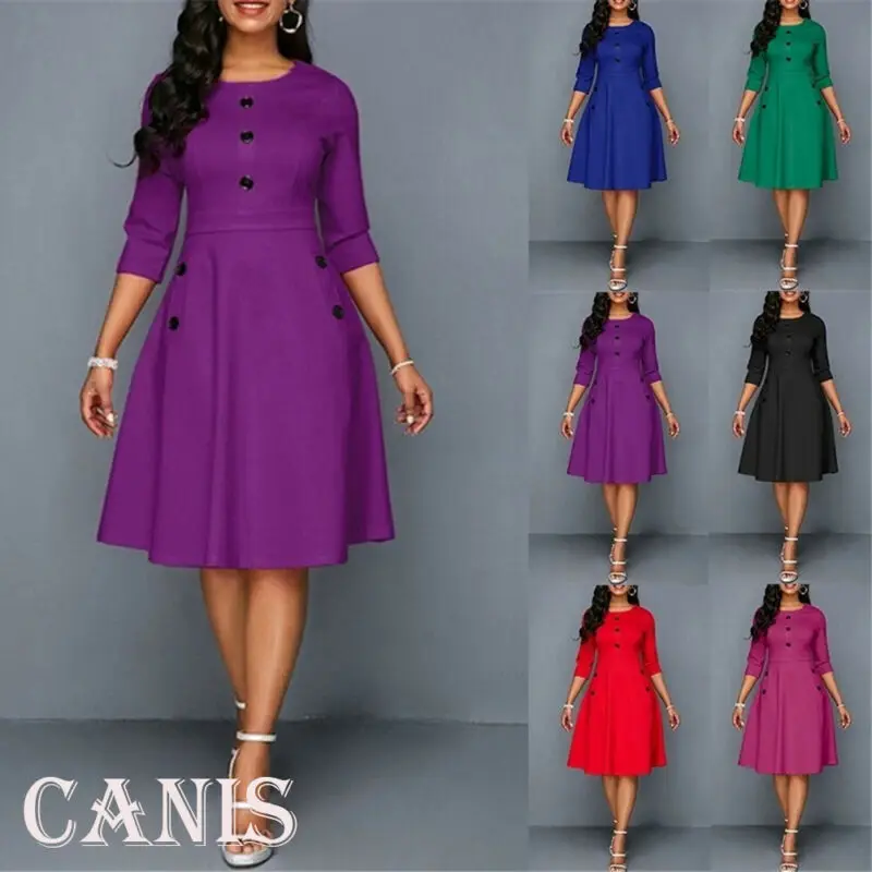 

Plus Size Womens Vintage Long Prom Evening Party Swing Dress Ball Gown Tunic Long Sleeve Solid Print Sundress Rockabilly Style