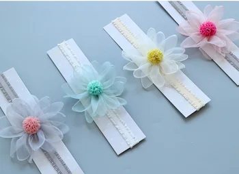 

12pcs Fashion Cute Gauze Floral Headbands Solid Pom Pom Flower Soft Hairbands Princess Headwear Boutique Hair Accessories
